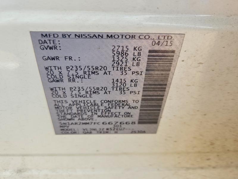 2015 Nissan Pathfinder მანქანა იყიდება აუქციონზე, vin: 5N1AR2MM7FC667668, აუქციონის ნომერი: 54425336
