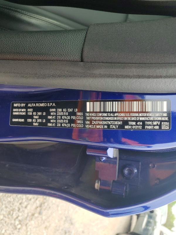 Aukcja sprzedaży 2022 Alfa Romeo Stelvio, vin: ZASPAKBN7N7D38341, numer aukcji: 52740786
