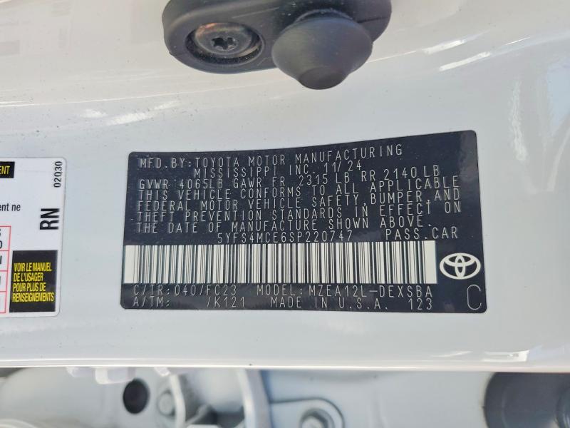 2025 Toyota Corolla მანქანა იყიდება აუქციონზე, vin: 5YFS4MCE6SP220747, აუქციონის ნომერი: 52534596