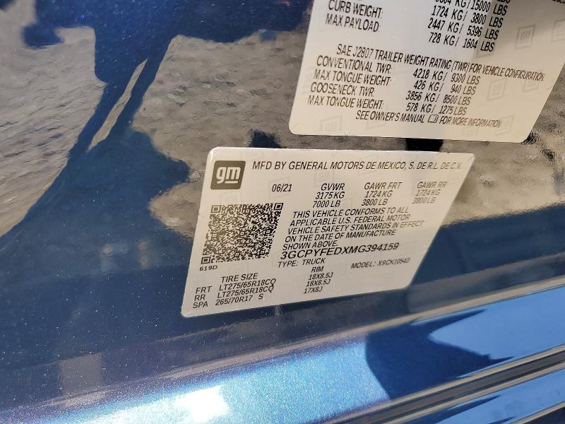 Продажа на аукционе авто 2021 Chevrolet Silverado, vin: 3GCPYFEDXMG394159, номер лота: 53001526