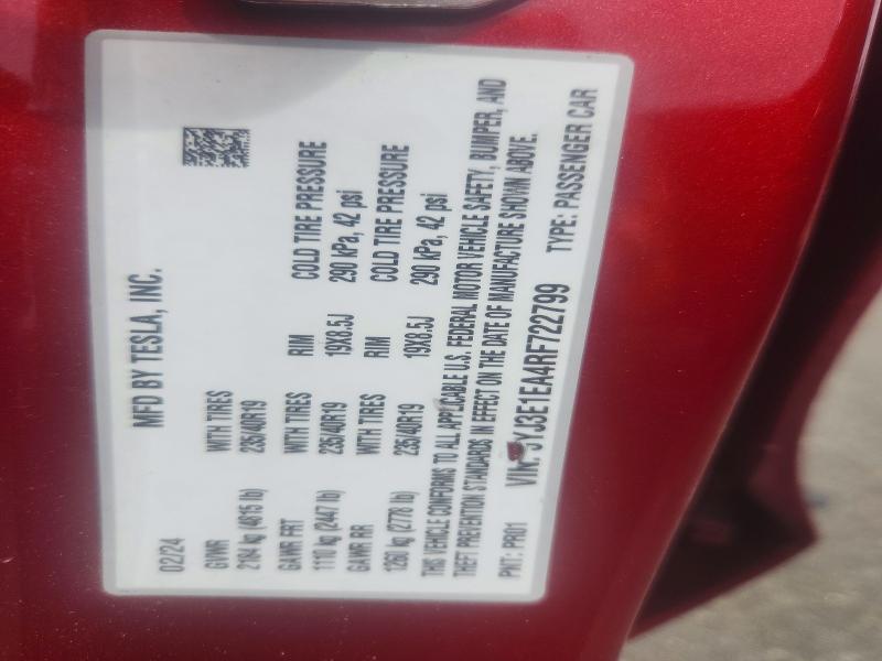51661456 :رقم المزاد ، 5YJ3E1EA4RF722799 vin ، 2024 Tesla Model 3 مزاد بيع