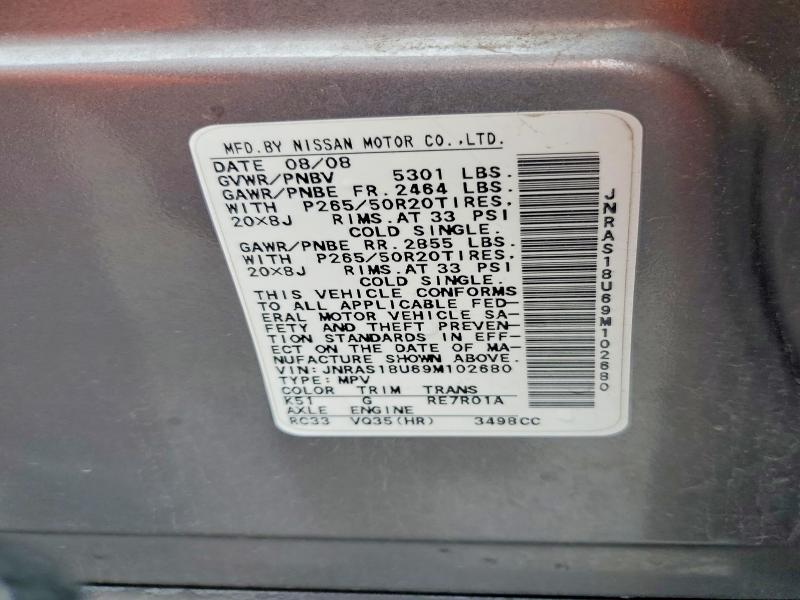Aukcja sprzedaży 2009 Infiniti Fx35, vin: JNRAS18U69M102680, numer aukcji: 54726466