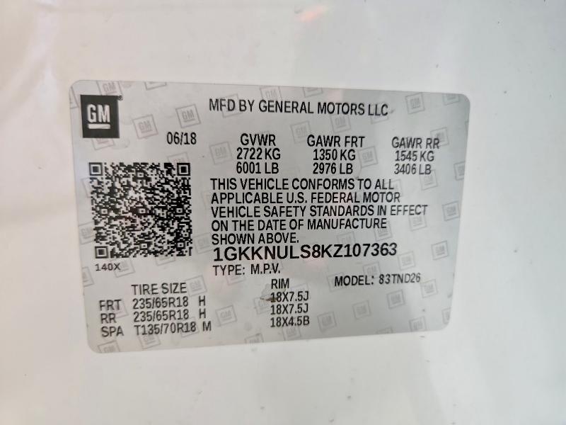 54832076 :رقم المزاد ، 1GKKNULS8KZ107363 vin ، 2019 Gmc Acadia مزاد بيع