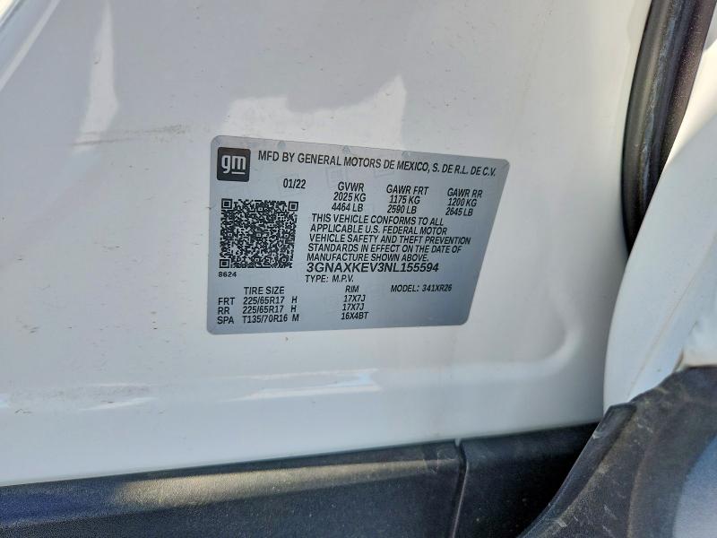 2022 Chevrolet Equinox მანქანა იყიდება აუქციონზე, vin: 3GNAXKEV3NL155594, აუქციონის ნომერი: 53599046