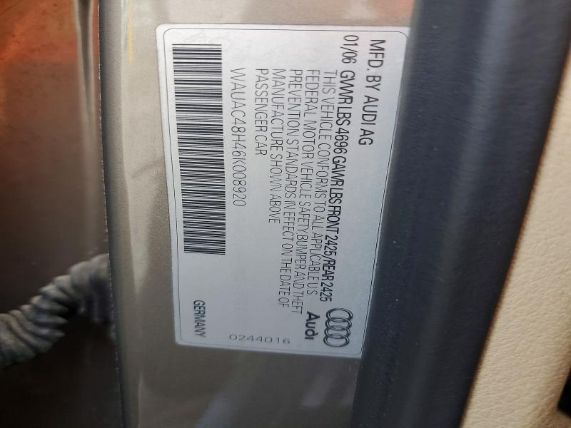 2006 Audi A4 მანქანა იყიდება აუქციონზე, vin: WAUAC48H46K008920, აუქციონის ნომერი: 54510046