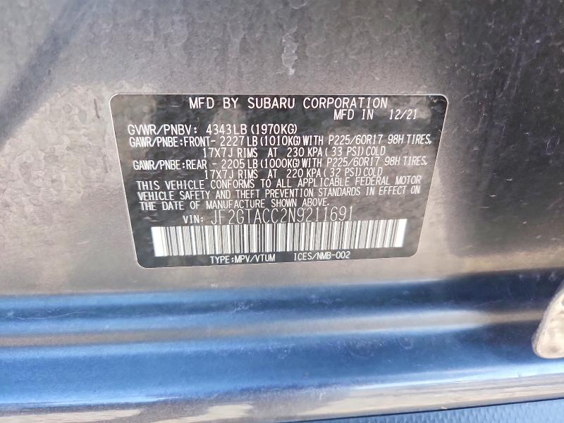 Aukcja sprzedaży 2022 Subaru Crosstrek, vin: JF2GTACC2N9211691, numer aukcji: 52391786