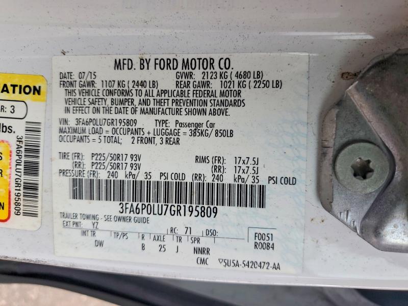Aukcja sprzedaży 2016 Ford Fusion, vin: 3FA6P0LU7GR195809, numer aukcji: 54537776