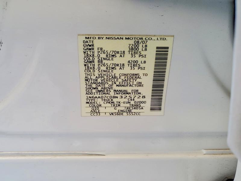 Auction sale of the 2008 Nissan Titan, vin: 1N6AA07C08N325728, lot number: 53039186
