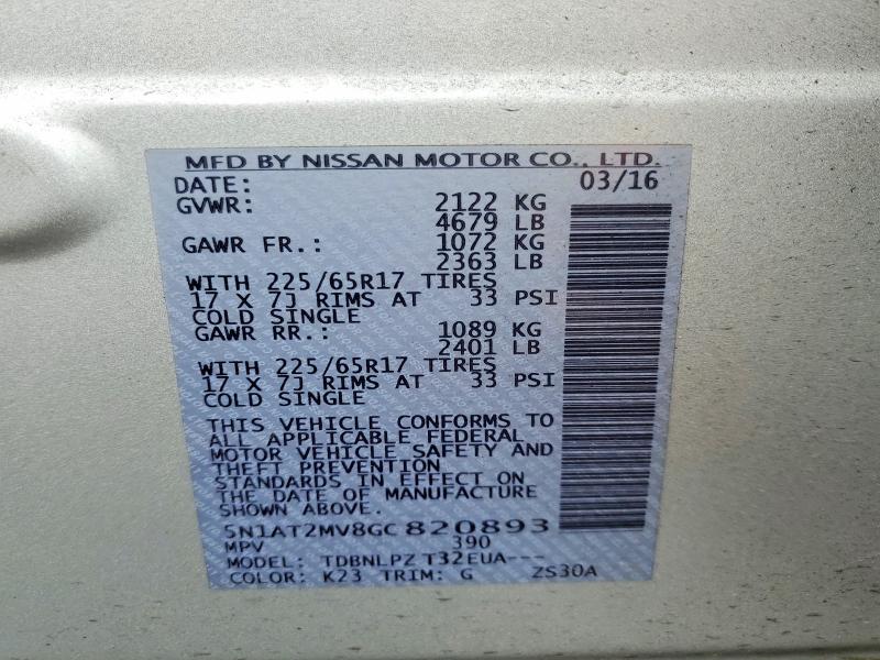 2016 Nissan Rogue მანქანა იყიდება აუქციონზე, vin: 5N1AT2MV8GC820893, აუქციონის ნომერი: 54557036