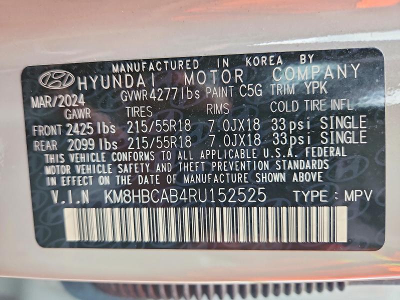 55352956 :رقم المزاد ، KM8HBCAB4RU152525 vin ، 2024 Hyundai Kona مزاد بيع