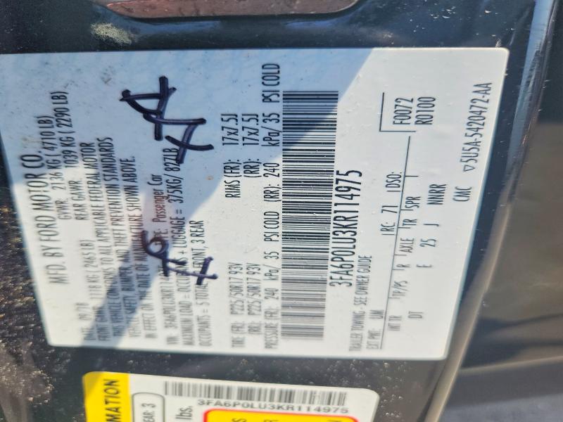 52074156 :رقم المزاد ، 3FA6P0LU3KR114975 vin ، 2019 Ford Fusion مزاد بيع