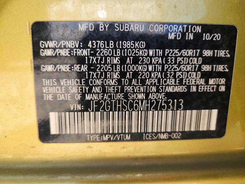 Aukcja sprzedaży 2021 Subaru Crosstrek, vin: JF2GTHSC6MH275313, numer aukcji: 52459706