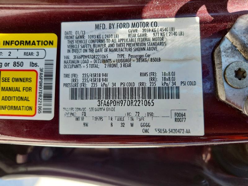 2013 Ford Fusion მანქანა იყიდება აუქციონზე, vin: 3FA6P0H97DR221065, აუქციონის ნომერი: 54984446