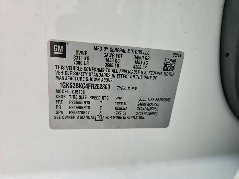 52680326 :رقم المزاد ، 1GKS2BKC4FR262800 vin ، 2015 Gmc Yukon مزاد بيع