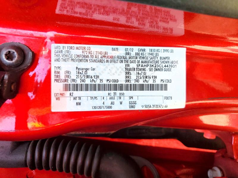 Продажа на аукционе авто 2012 Ford Focus, vin: 1FAHP3K23CL443931, номер лота: 55014366
