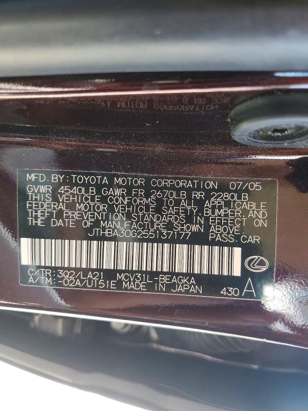 Продаж на аукціоні авто 2005 Lexus Es, vin: JTHBA30G255137177, номер лоту: 54180546