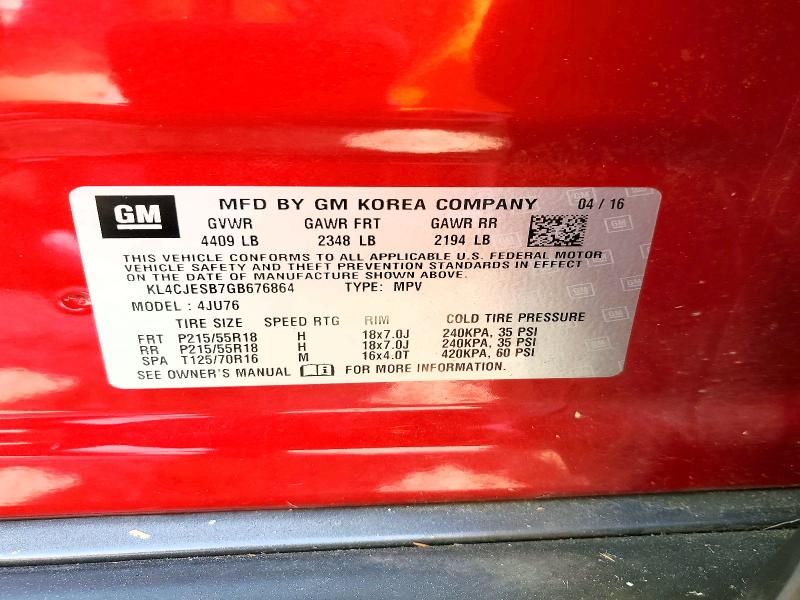 Продаж на аукціоні авто 2016 Buick Encore, vin: KL4CJESB7GB676864, номер лоту: 50322356