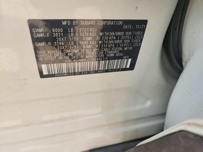 Aukcja sprzedaży 2022 Subaru Ascent, vin: 4S4WMAJD2N3406126, numer aukcji: 54687236