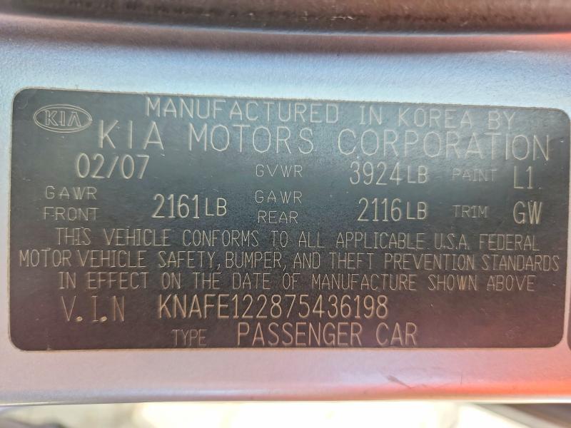 Aukcja sprzedaży 2007 Kia Spectra, vin: KNAFE122875436198, numer aukcji: 52234896