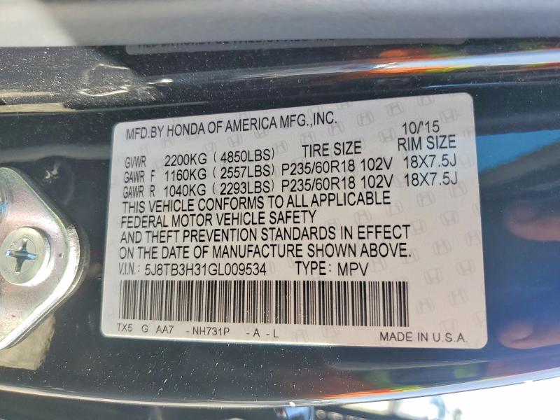 Aukcja sprzedaży 2016 Acura Rdx, vin: 5J8TB3H31GL009534, numer aukcji: 53515556