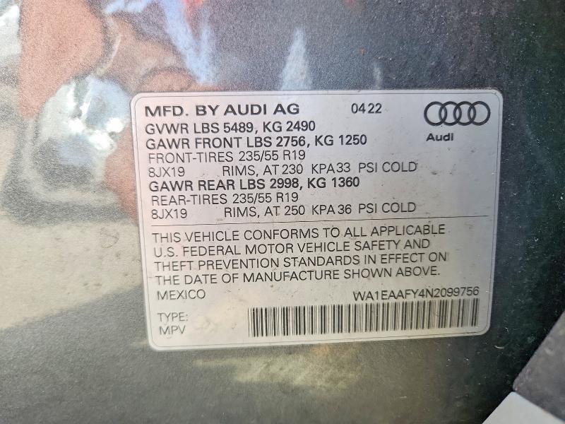 2022 Audi Q5 მანქანა იყიდება აუქციონზე, vin: WA1EAAFY4N2099756, აუქციონის ნომერი: 53095266