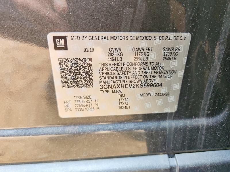Продаж на аукціоні авто 2019 Chevrolet Equinox, vin: 3GNAXHEV2KS599604, номер лоту: 53728136