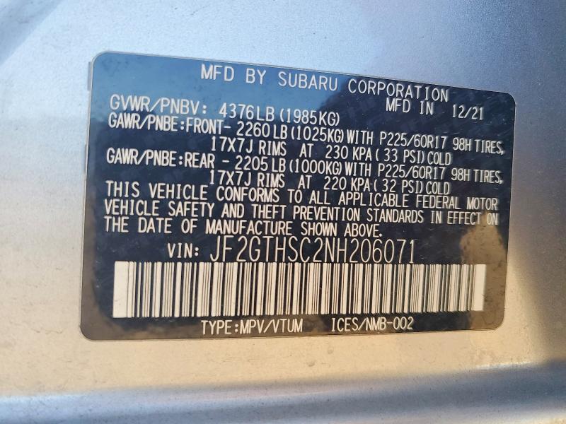 Продаж на аукціоні авто 2022 Subaru Crosstrek, vin: JF2GTHSC2NH206071, номер лоту: 52863246
