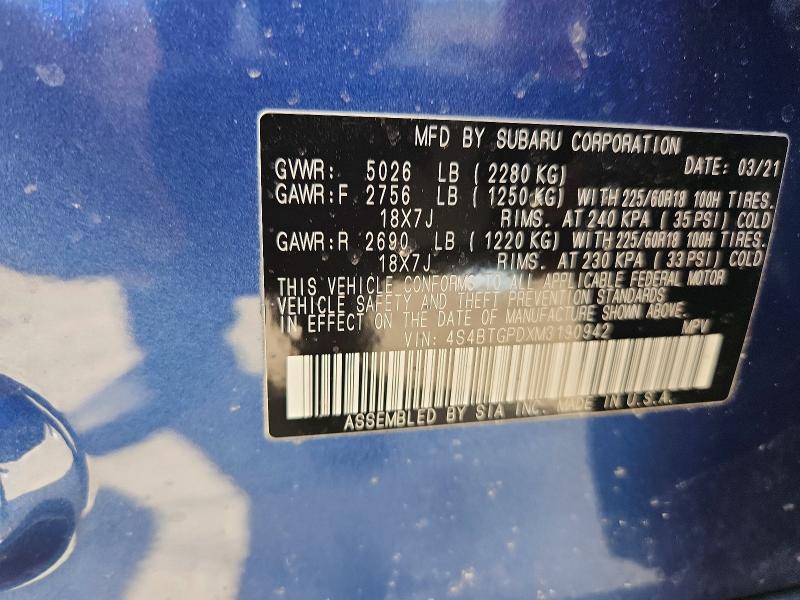 2021 Subaru Outback მანქანა იყიდება აუქციონზე, vin: 4S4BTGPDXM3190942, აუქციონის ნომერი: 54492576