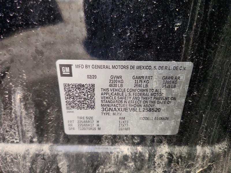 52931146 :رقم المزاد ، 3GNAXUEV6LL258520 vin ، 2020 Chevrolet Equinox مزاد بيع