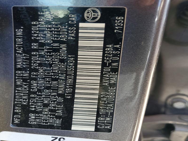 Продажа на аукционе авто 2018 Toyota Camry, vin: 4T1B11HK0JU554341, номер лота: 53514716
