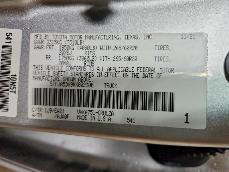 Aukcja sprzedaży 2022 Toyota Tundra, vin: 5TFJA5DA9NX002300, numer aukcji: 52577096