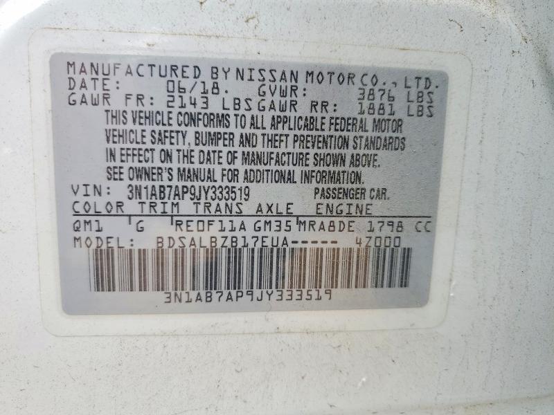 2018 Nissan Sentra მანქანა იყიდება აუქციონზე, vin: 3N1AB7AP9JY333519, აუქციონის ნომერი: 54325116