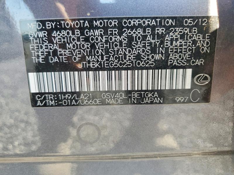 53985956 :رقم المزاد ، JTHBK1EG5C2510625 vin ، 2012 Lexus Es مزاد بيع
