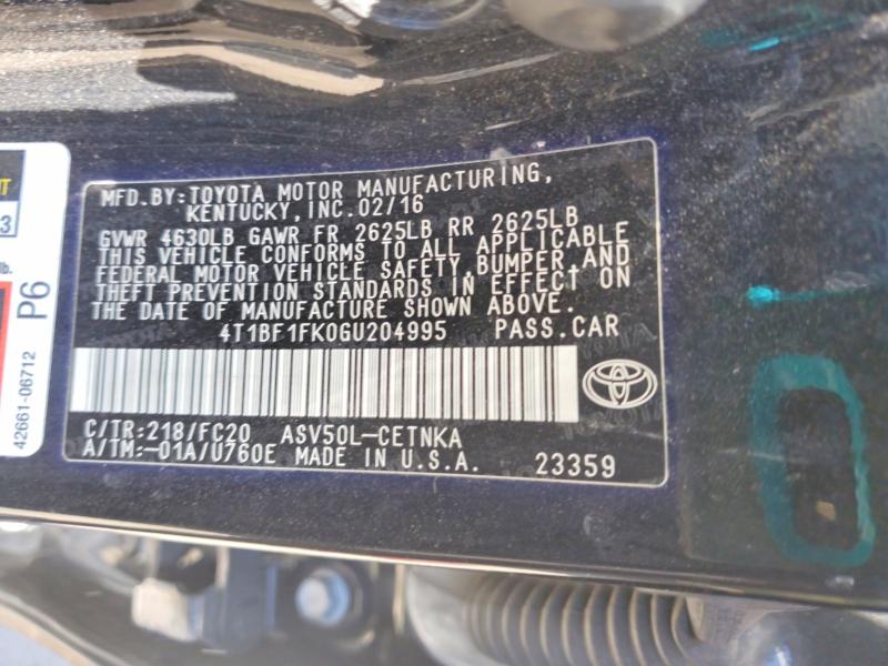2016 Toyota Camry მანქანა იყიდება აუქციონზე, vin: 4T1BF1FK0GU204995, აუქციონის ნომერი: 52272636