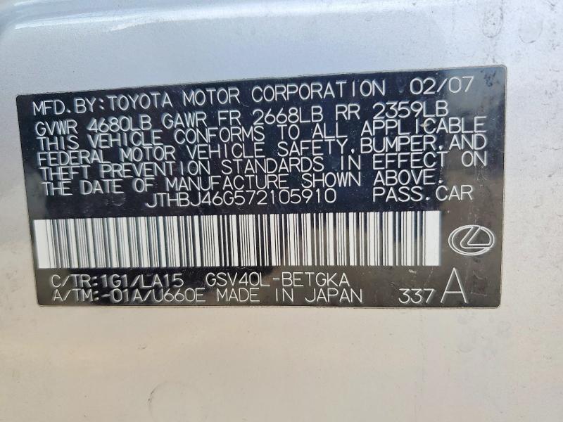 52194236 :رقم المزاد ، JTHBJ46G572105910 vin ، 2007 Lexus Es مزاد بيع