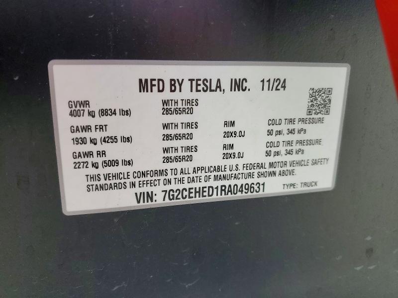 Продаж на аукціоні авто 2024 Tesla Cybertruck, vin: 7G2CEHED1RA049631, номер лоту: 52962736