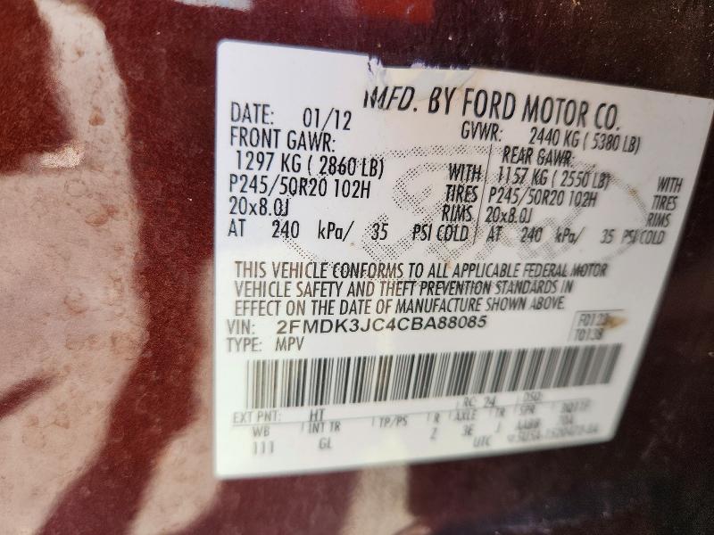 2012 Ford Edge მანქანა იყიდება აუქციონზე, vin: 2FMDK3JC4CBA88085, აუქციონის ნომერი: 53762736
