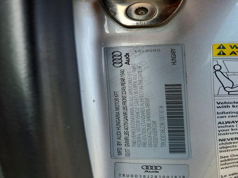 2008 Audi Tt მანქანა იყიდება აუქციონზე, vin: TRUDD38J281001618, აუქციონის ნომერი: 53453666