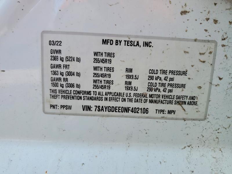 Продаж на аукціоні авто 2022 Tesla Model Y, vin: 7SAYGDEE0NF402106, номер лоту: 51482206