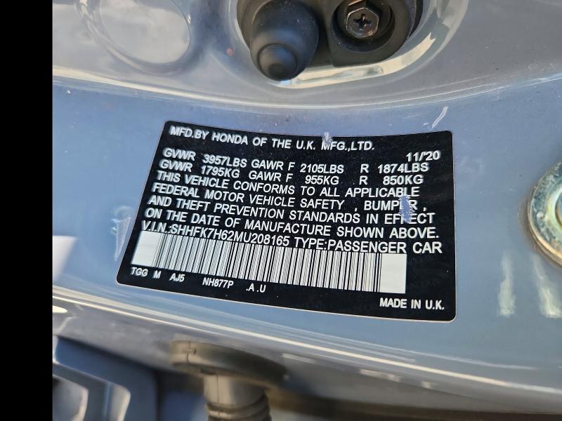 Продаж на аукціоні авто 2021 Honda Civic, vin: SHHFK7H62MU208165, номер лоту: 53848426