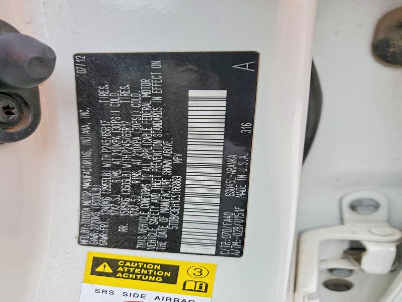 52321006 :رقم المزاد ، 5TDBK3EH1CS166869 vin ، 2012 Toyota Highlander مزاد بيع