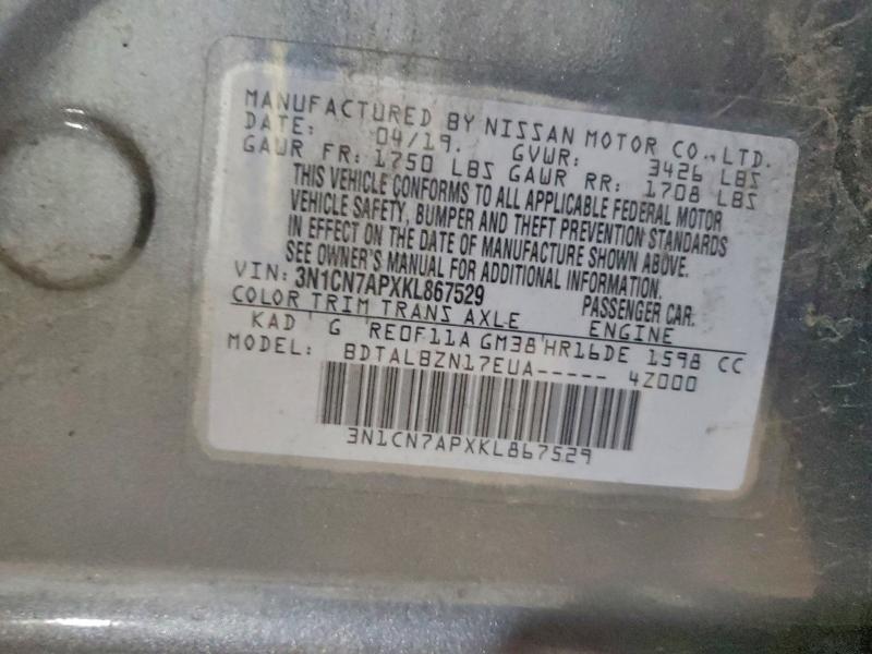 2019 Nissan Versa მანქანა იყიდება აუქციონზე, vin: 3N1CN7APXKL867529, აუქციონის ნომერი: 52848356