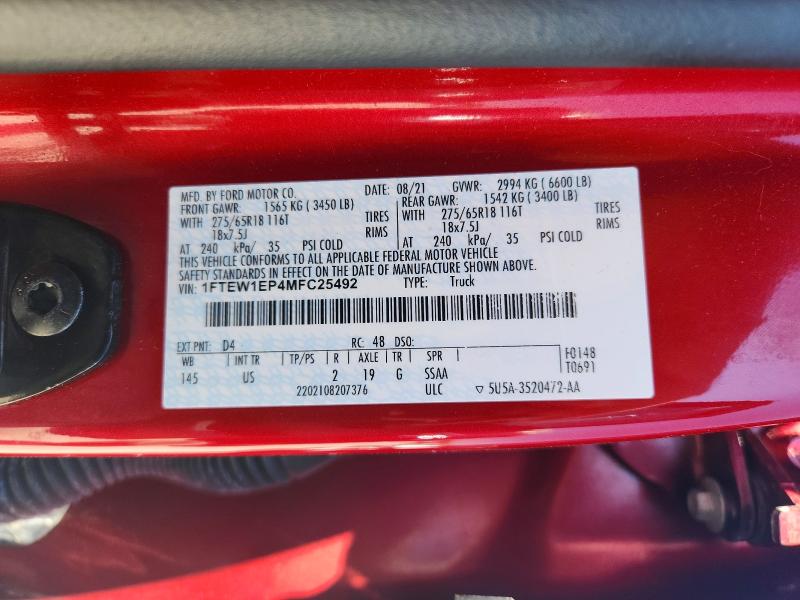 53598996 :رقم المزاد ، 1FTEW1EP4MFC25492 vin ، 2021 Ford F150 مزاد بيع