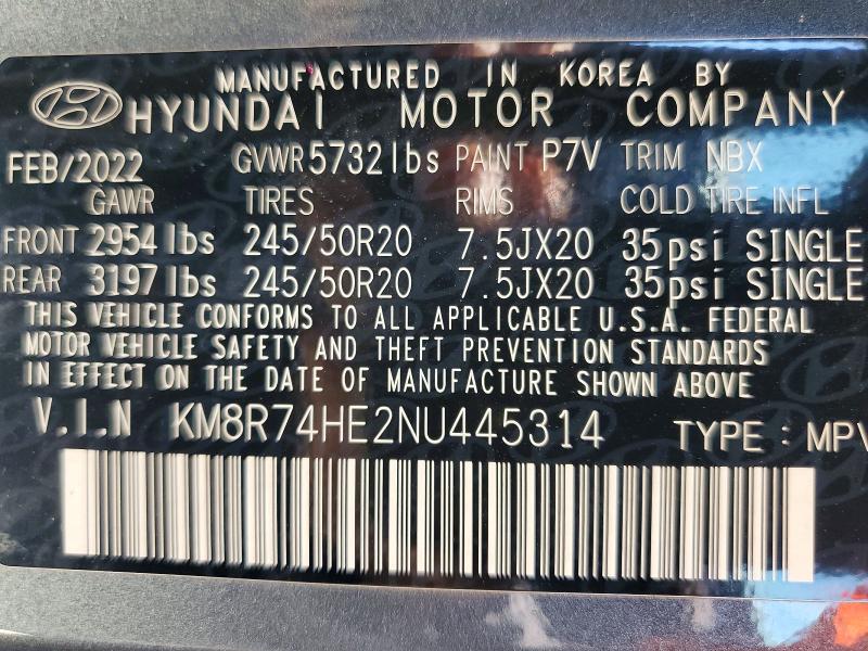 53575486 :رقم المزاد ، KM8R74HE2NU445314 vin ، 2022 Hyundai Palisade مزاد بيع