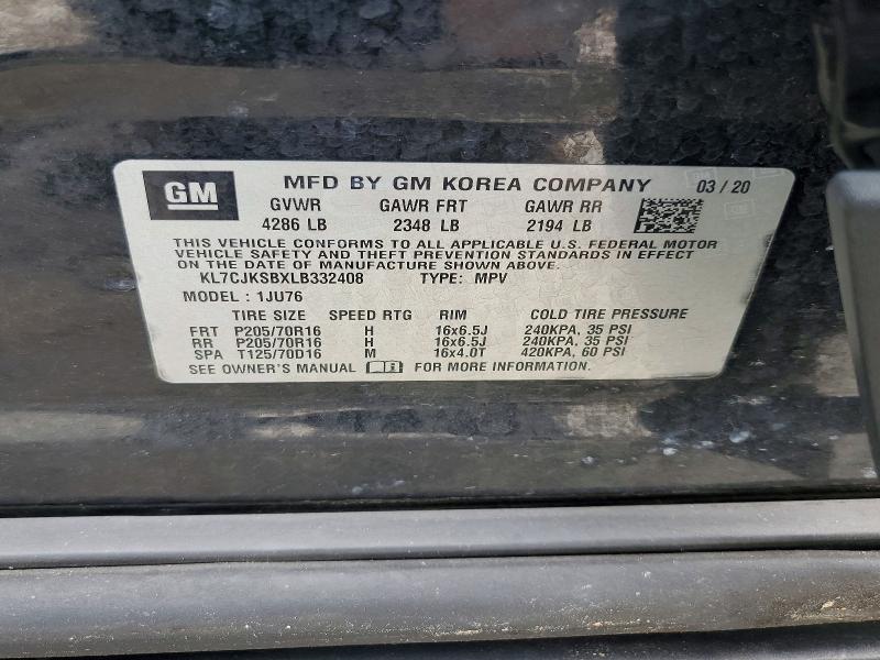 52770456 :رقم المزاد ، KL7CJKSBXLB332408 vin ، 2020 Chevrolet Trax مزاد بيع