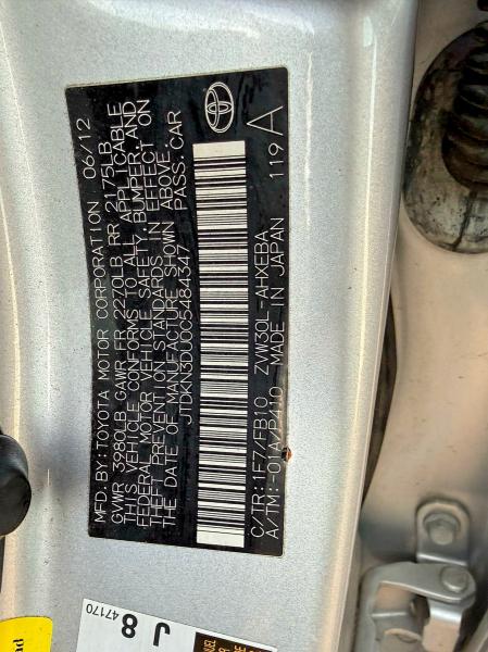 Aukcja sprzedaży 2012 Toyota Prius, vin: JTDKN3DU0C5484347, numer aukcji: 54212556