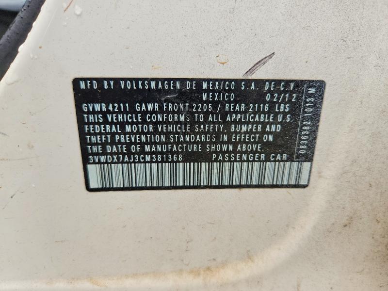 2012 Volkswagen Jetta მანქანა იყიდება აუქციონზე, vin: 3VWDX7AJ3CM381368, აუქციონის ნომერი: 54484396