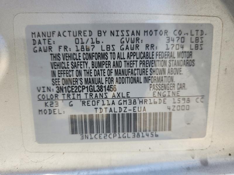 2016 Nissan Versa Note მანქანა იყიდება აუქციონზე, vin: 3N1CE2CP1GL381456, აუქციონის ნომერი: 55095496