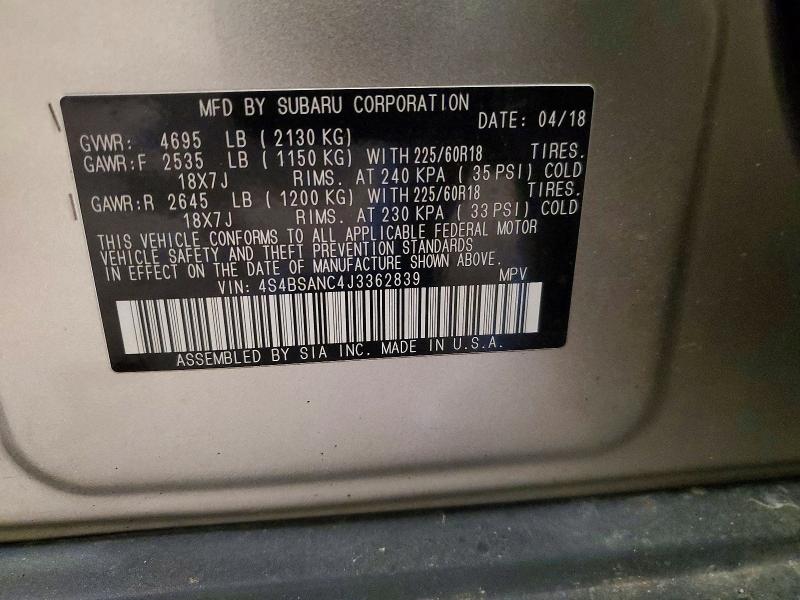 Продажа на аукционе авто 2018 Subaru Outback, vin: 4S4BSANC4J3362839, номер лота: 52809816