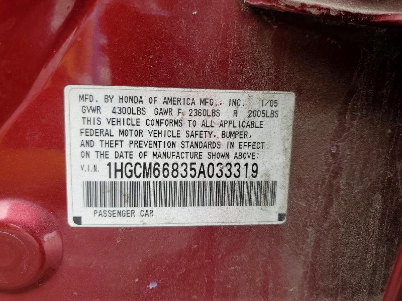 53787746 :رقم المزاد ، 1HGCM66835A033319 vin ، 2005 Honda Accord مزاد بيع